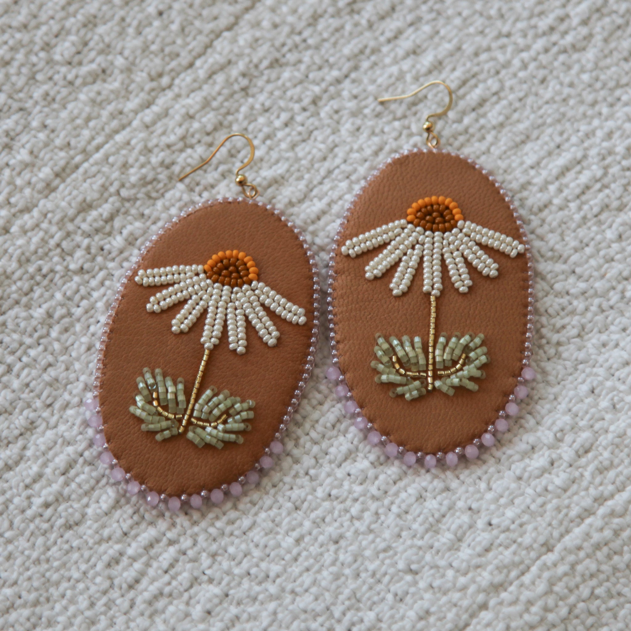 Flower Flat Stitch Earrings on Leather