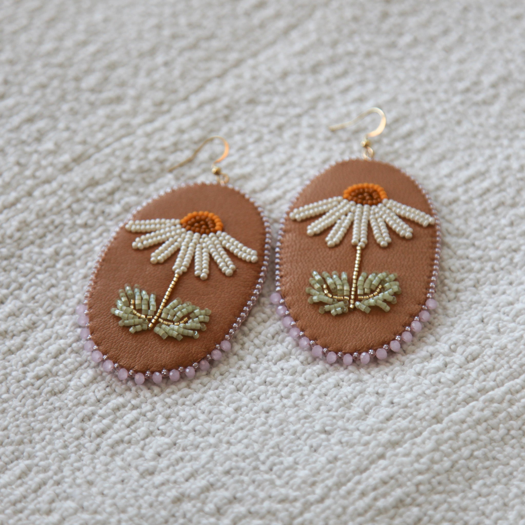 Flower Flat Stitch Earrings on Leather